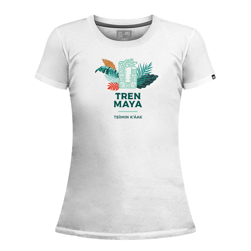 Playera Tren Maya Blanco Logo Y Hojas Dama